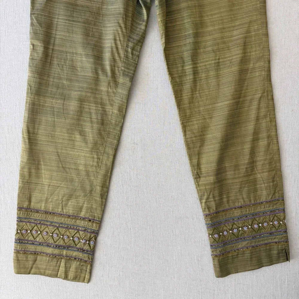 Muse 2 Piece Pant Set Womens 8 Green 100% Silk Beaded Embroidered Crop Top Pants